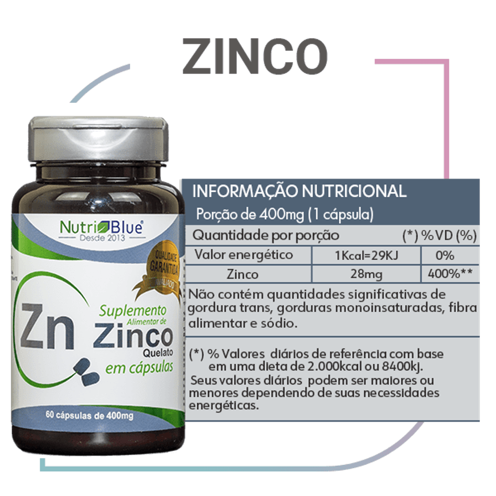 Zinco Quelato 60 Capsulas de 400mg NutriBlue